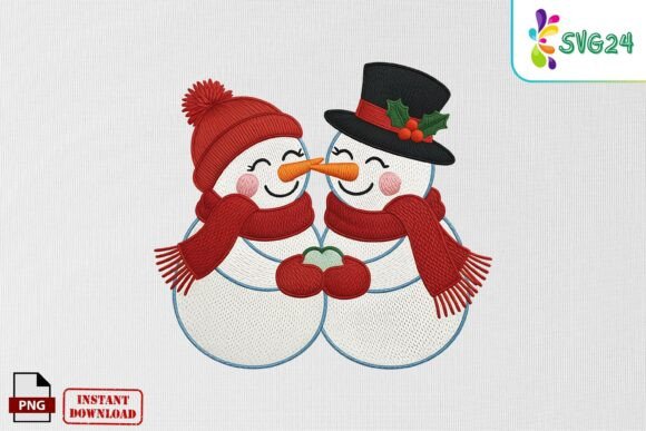 Cute Snowman Couple Embroidery PNG: A Winter Charm for Handmade Creations